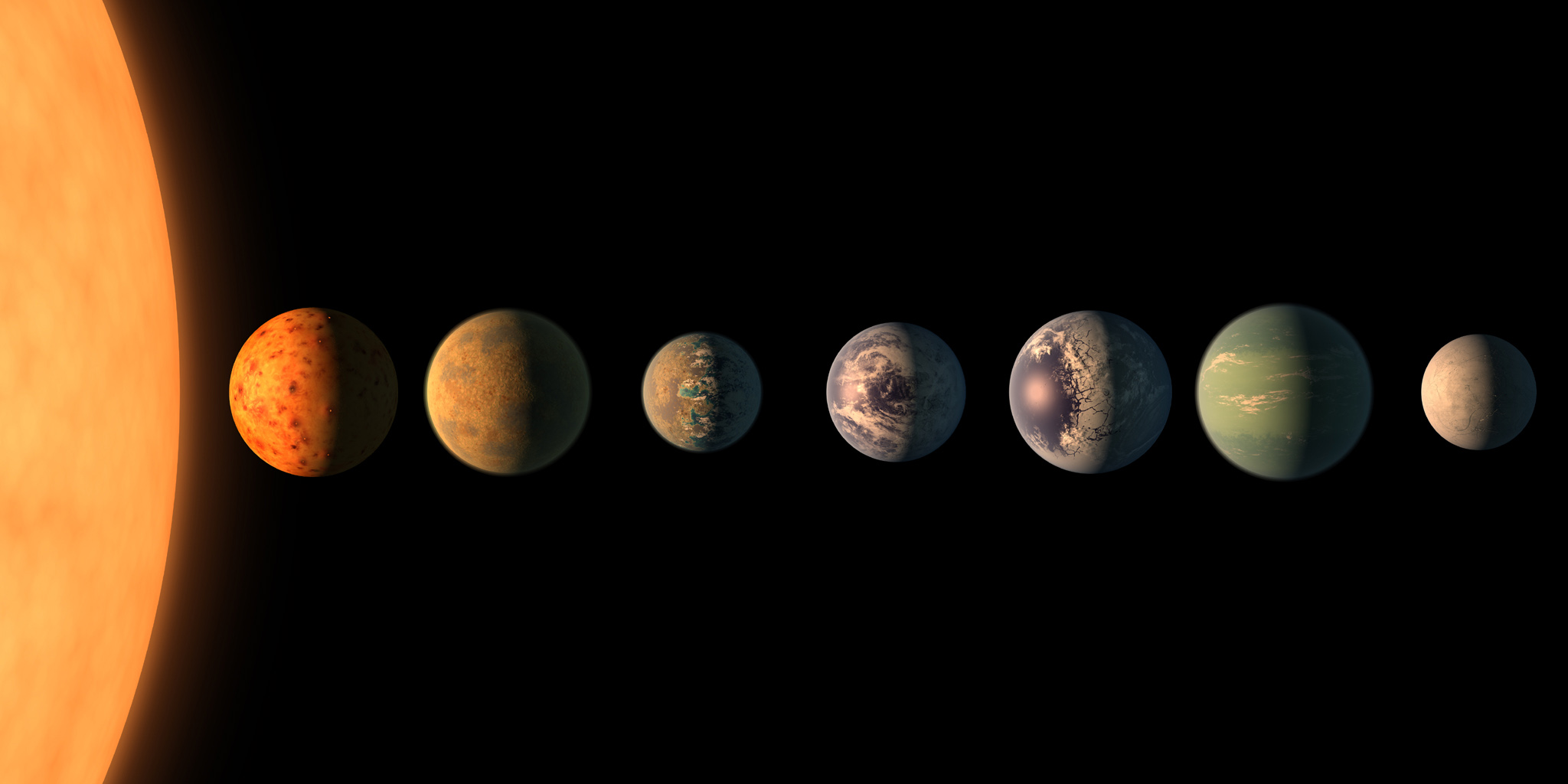This is a NASA artist's conception of the planets. According to NASA's website, three of the planets are in an area where water may exist.