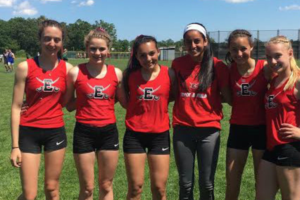 Girls' track team members pose at the State Group Championships in Egg Harbor, New Jersey, earlier this month. Junior Sophia Castronovo ran off with 3rd place in the 100 meter race.